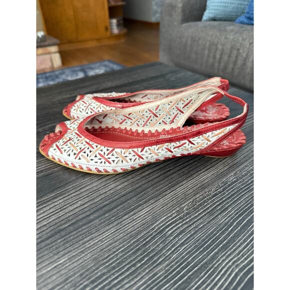 Pikolinos Romana Woven Red, White, & Tan Leather Peep Toe Sandals Flats Sz. 37 - Picture 7 of 7